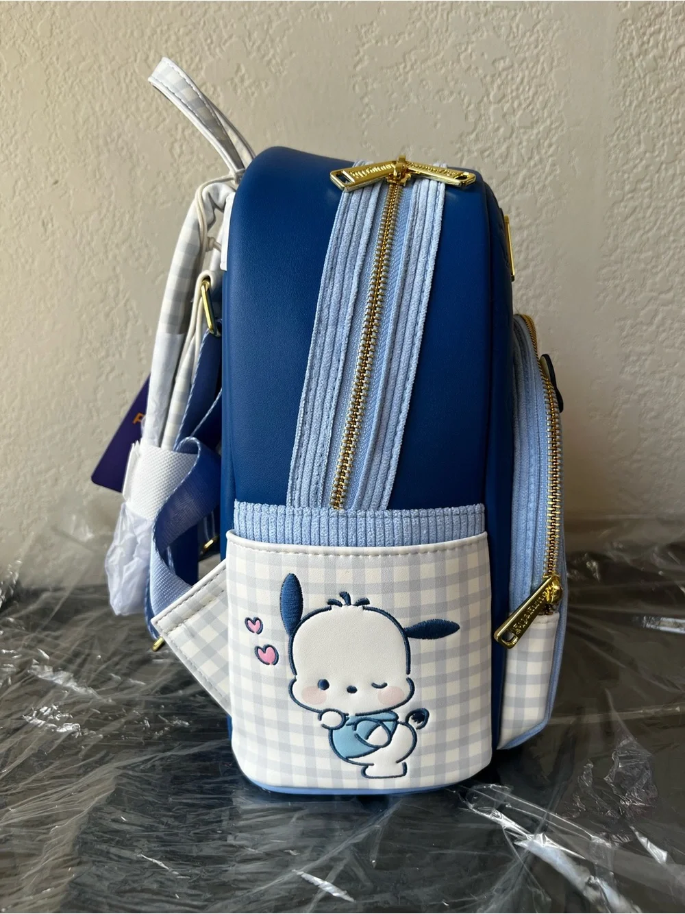 NWT Loungefly Sanrio Pochacco Blue Gingham Butterfly Moving Butt Mini Backpack